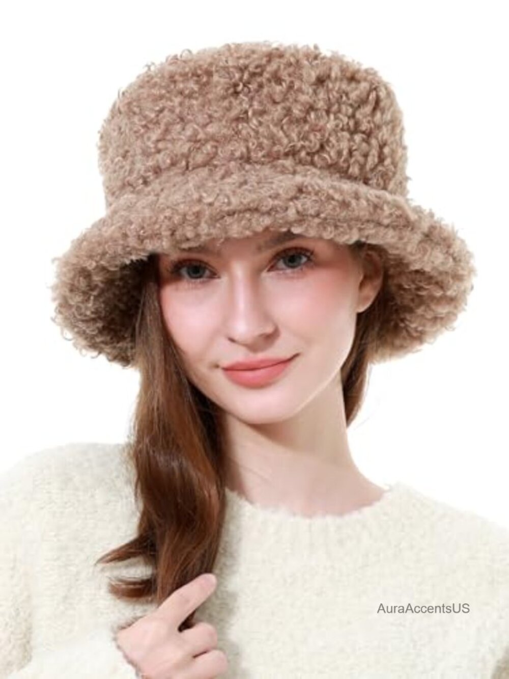 Women Faux Fur Bucket Hat Plush Fuzzy Warm Fisherman Cap Adjustable Winter